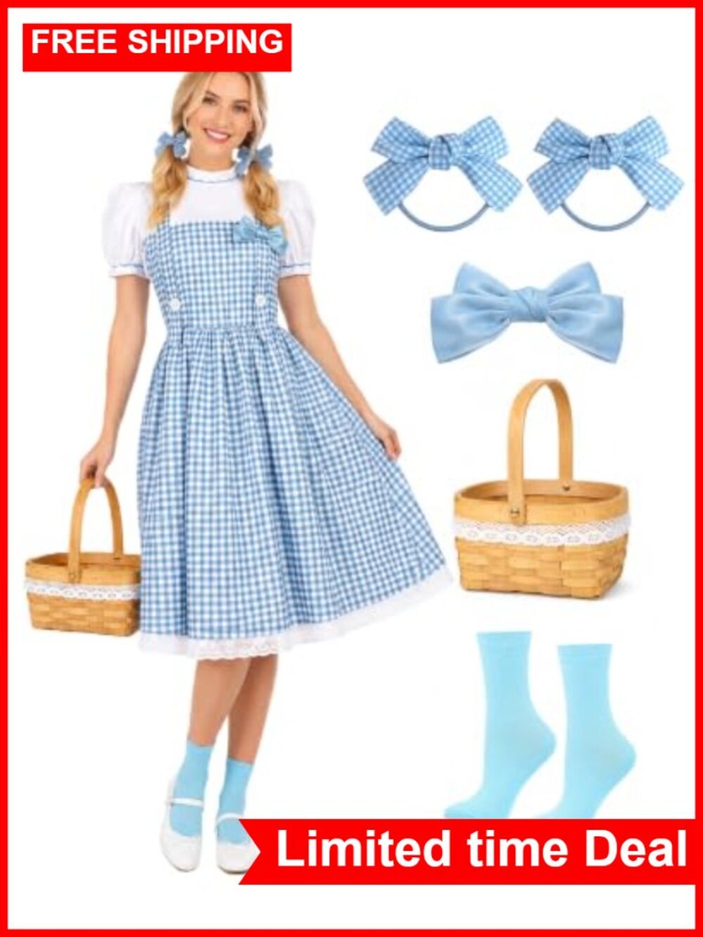 Gingham Dress with Bows Socks and Wicker Basket